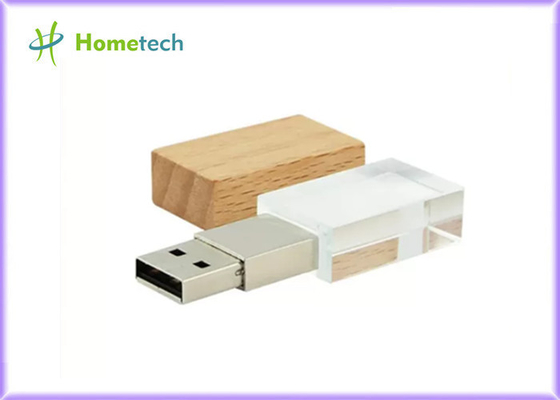 Crystal Usb Flash Drive con madera llevó el usb cristalino del logotipo de encargo ligero de 32GB 64GB 128GB
